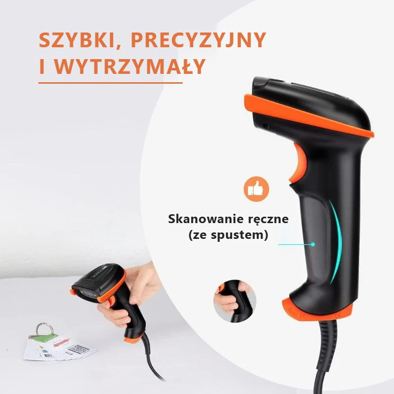 Wyprofilowany, ergonomiczny uchwyt czytnika kodów w kolorze czarno-pomarańczowym