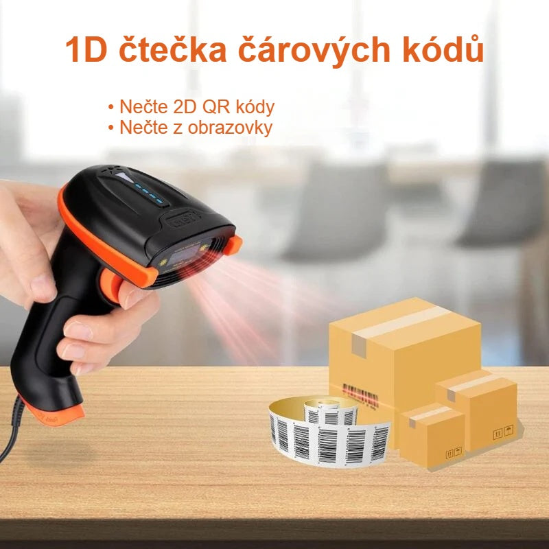 1D čtečka čárových kódů v ruce, načítání čárového kódu na balíku