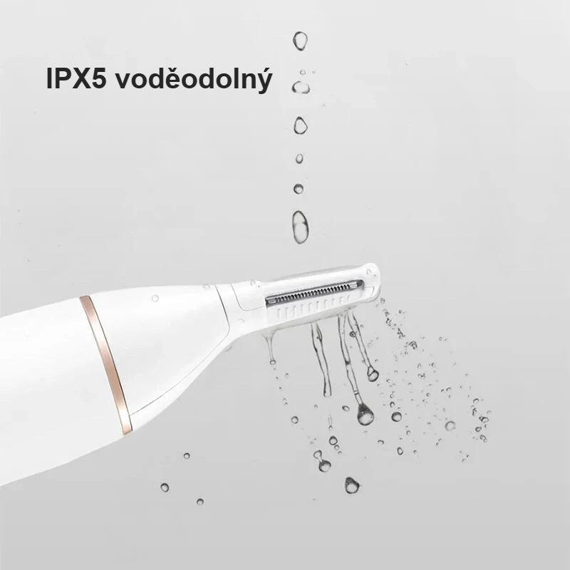Voděodolný zastřihovač chloupků v nose IPX5 s kapkami vody