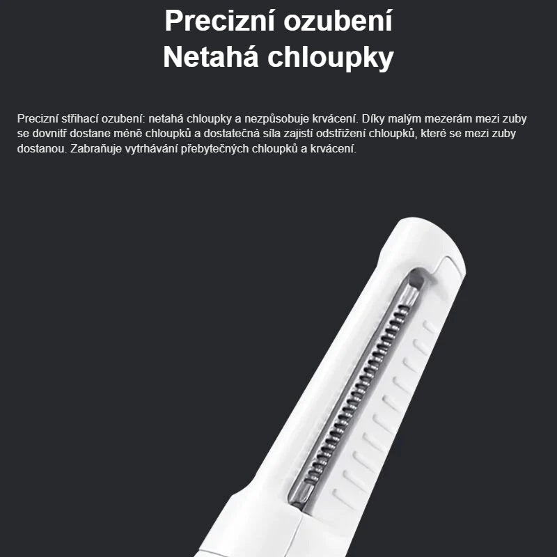 Precizní střihací zuby zastřihovače, které netahají chloupky
