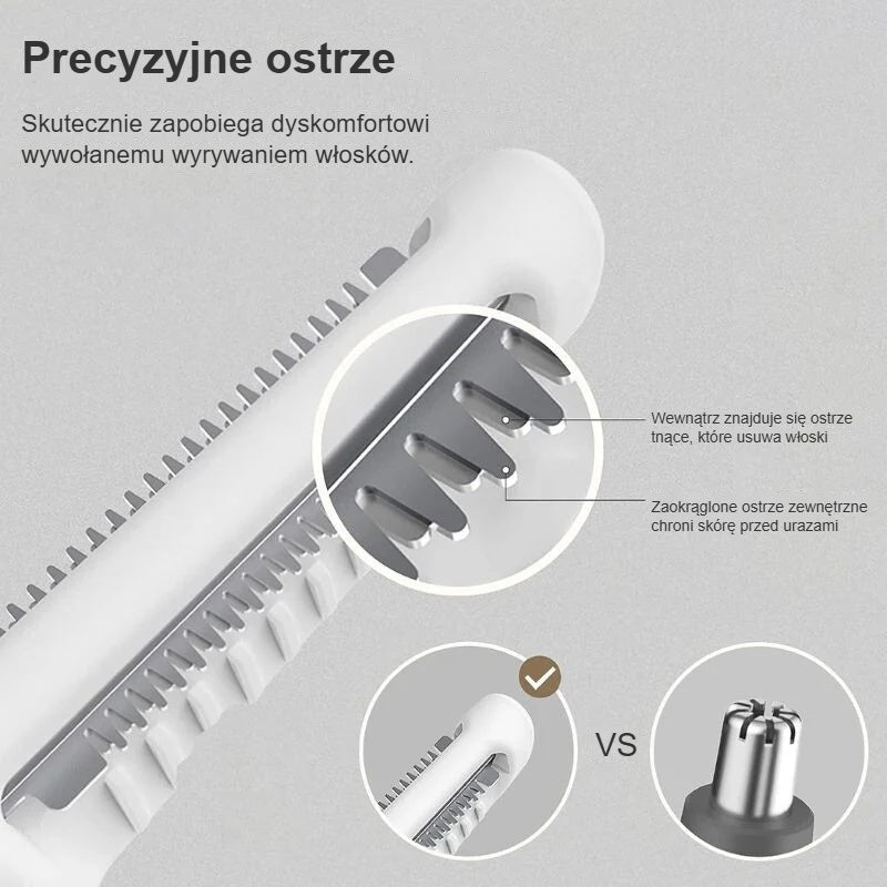 Precyzyjne ostrze i ząbki tnące trymera do nosa z bliska