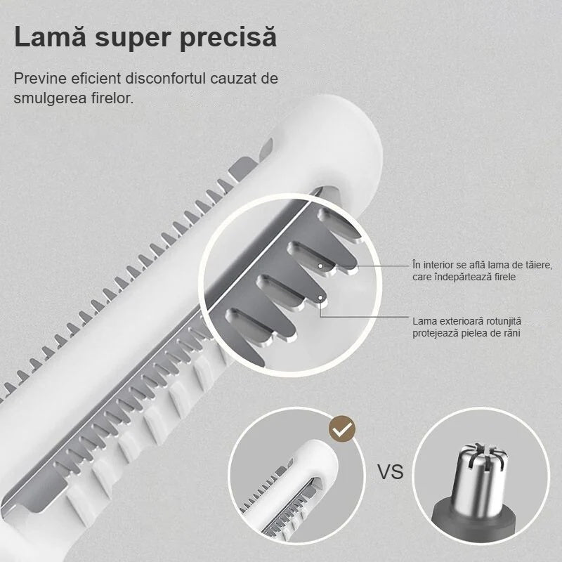 Lama de precizie și dinții de tăiere ai trimmerului pentru nas, de aproape