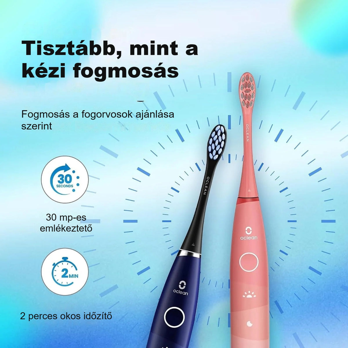 Kék és rózsaszín szónikus elektromos fogkefe egymás mellett