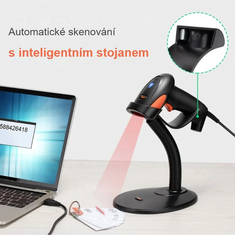 Automatické skenování: čtečka čárových kódů na inteligentním stojanu vedle notebooku
