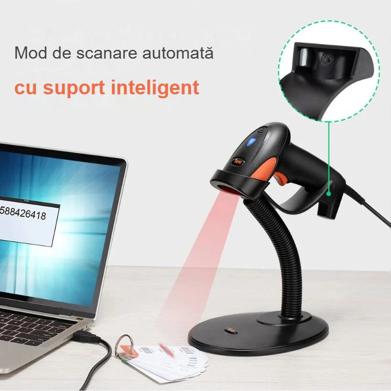 Scanare automată: cititorul de coduri de bare pe suportul inteligent, lângă un laptop