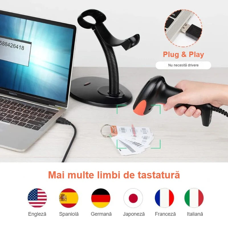 Cititor de coduri de bare USB conectat la laptop, limbile de tastatură acceptate