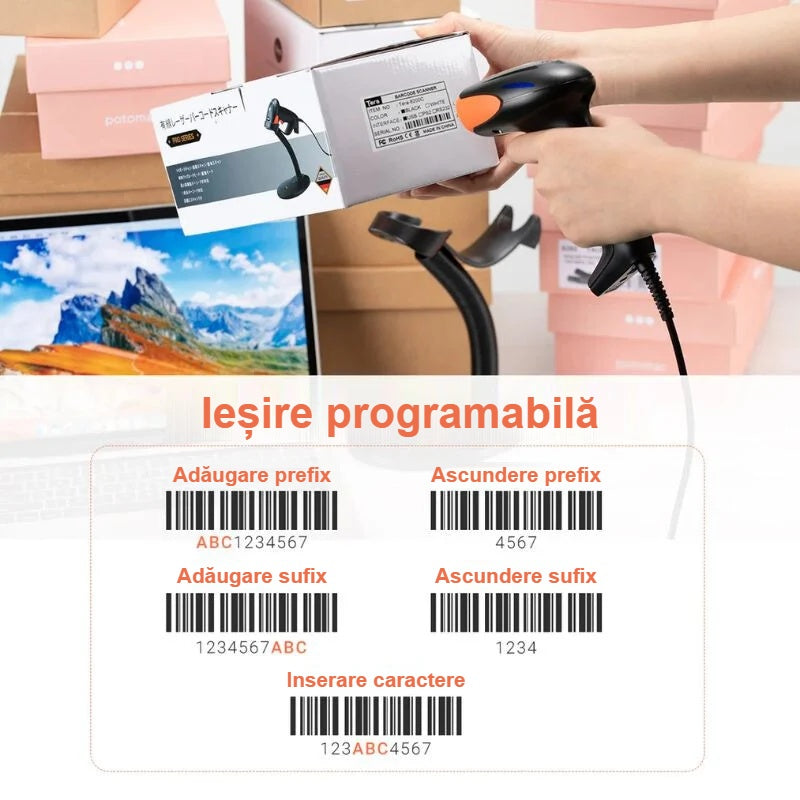 Scanarea codului de bare al unei cutii, cu exemple de ieșire programabilă