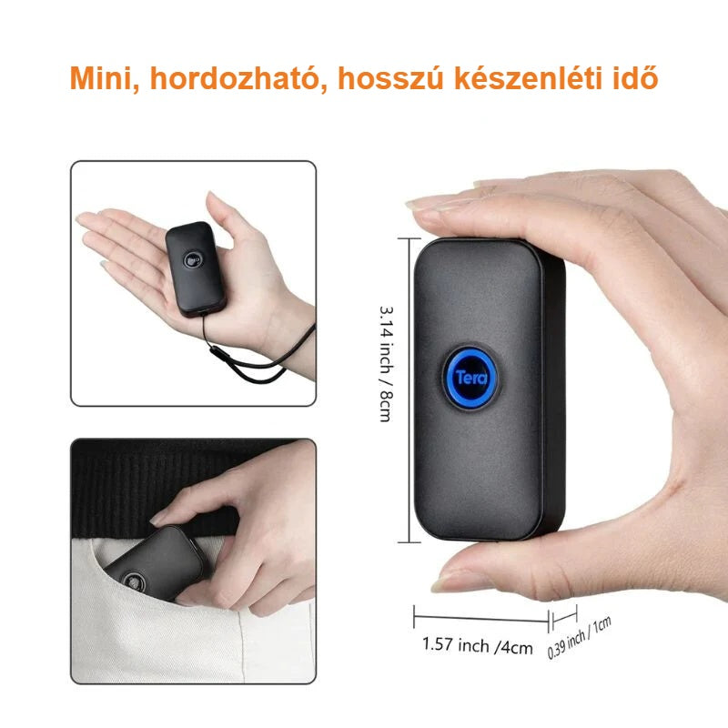 Mini vonalkódolvasó kézben, méretekkel és csuklópánttal