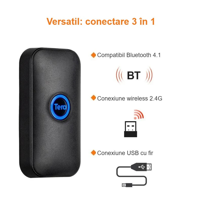 Conectare 3 în 1 a cititorului de coduri de bare: Bluetooth, 2.4G, USB