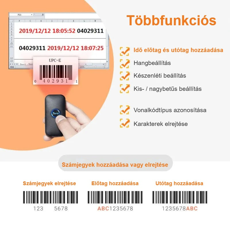 Vonalkódolvasó beállításai: előtag, utótag, hang, kis- és nagybetű