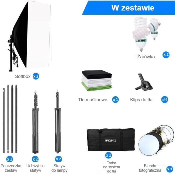 Zawartość zestawu do studia: softbox, żarówka, statywy, tło, klipsy, torba i blenda
