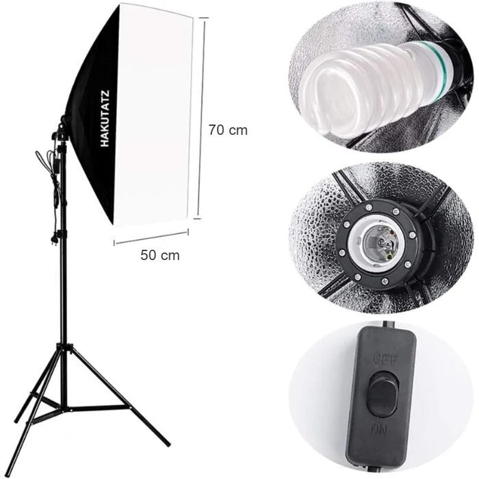 Softbox 50 × 70 cm na statywie z oprawką, żarówką i przewodem zasilającym z przełącznikiem
