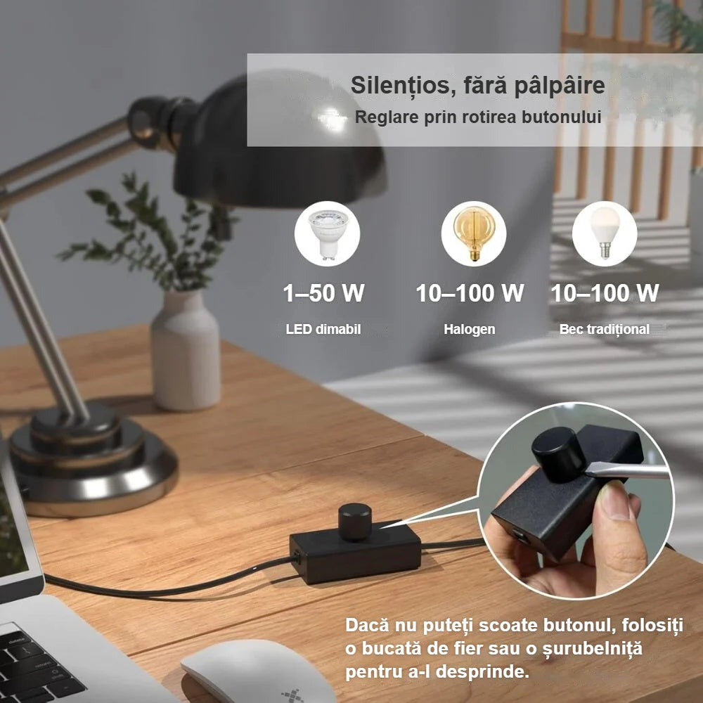 Variator LED montat pe cablul unei lămpi de masă, sarcină LED și halogen