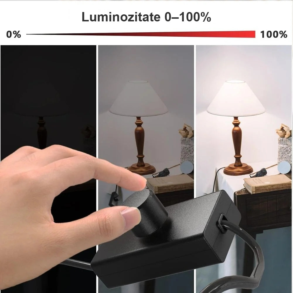 Reglarea luminozității între 0–100% cu butonul rotativ al variatorului