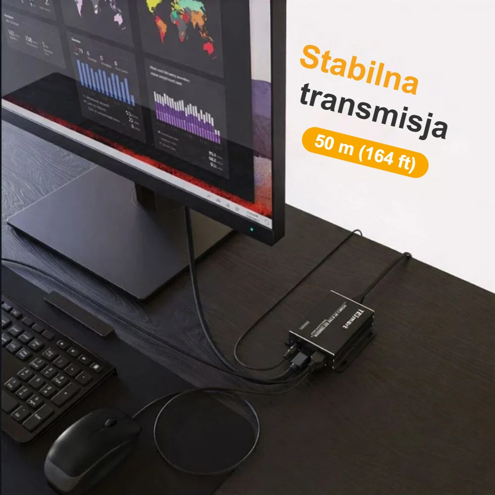 Nadajnik extendera HDMI KVM na biurku obok monitora, transmisja 50 m