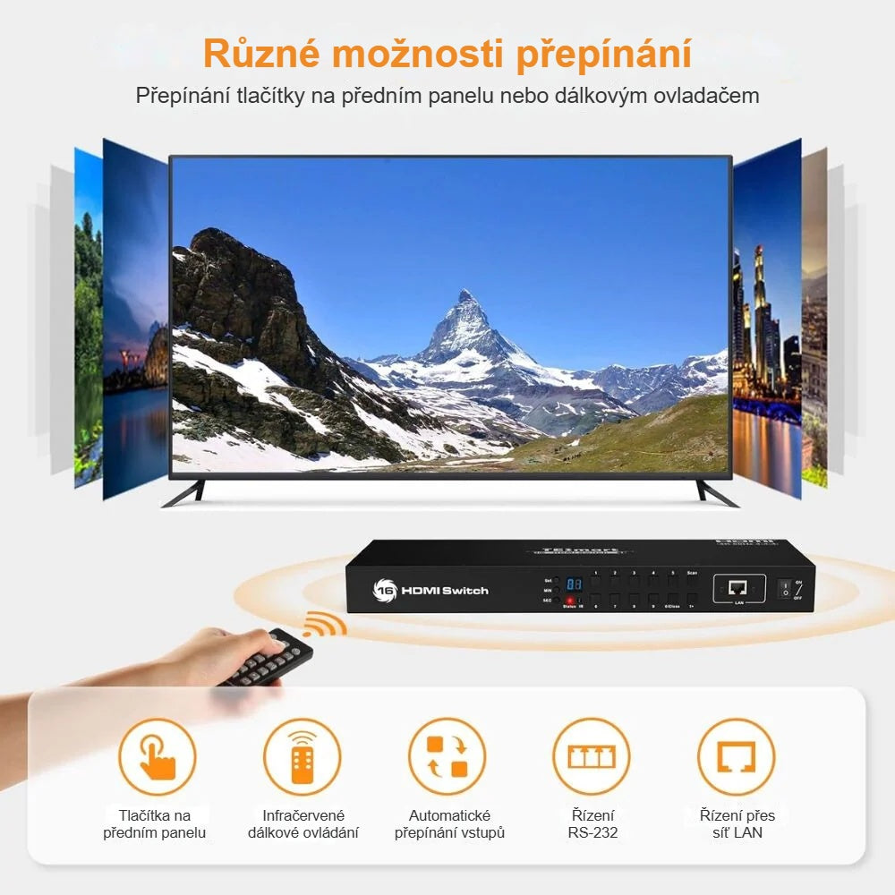 Různé způsoby ovládání HDMI přepínače: tlačítka, IR, RS232 a LAN