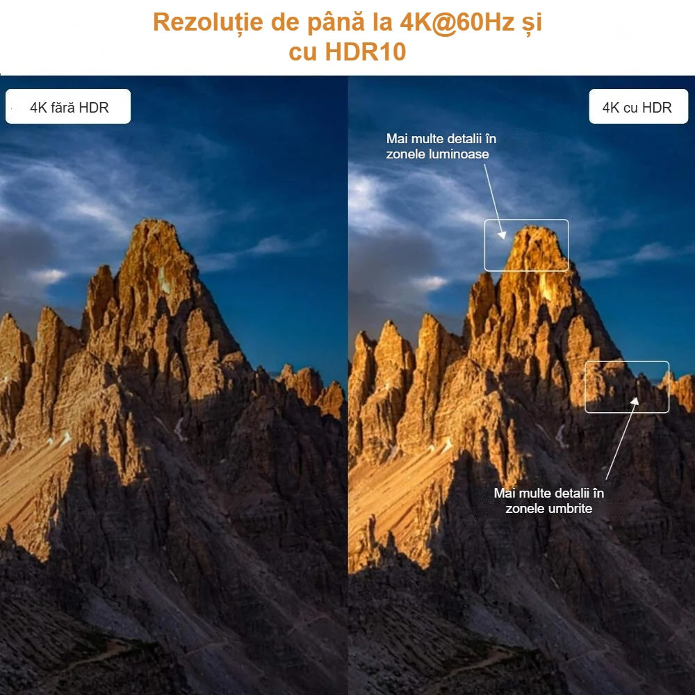 Calitatea imaginii fără HDR și cu HDR, comparație cu un peisaj montan