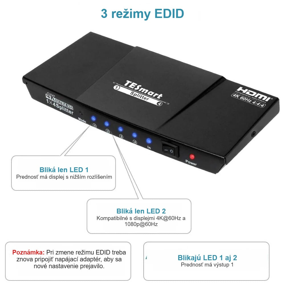 3 režimy EDID HDMI rozbočovača s LED indikáciou