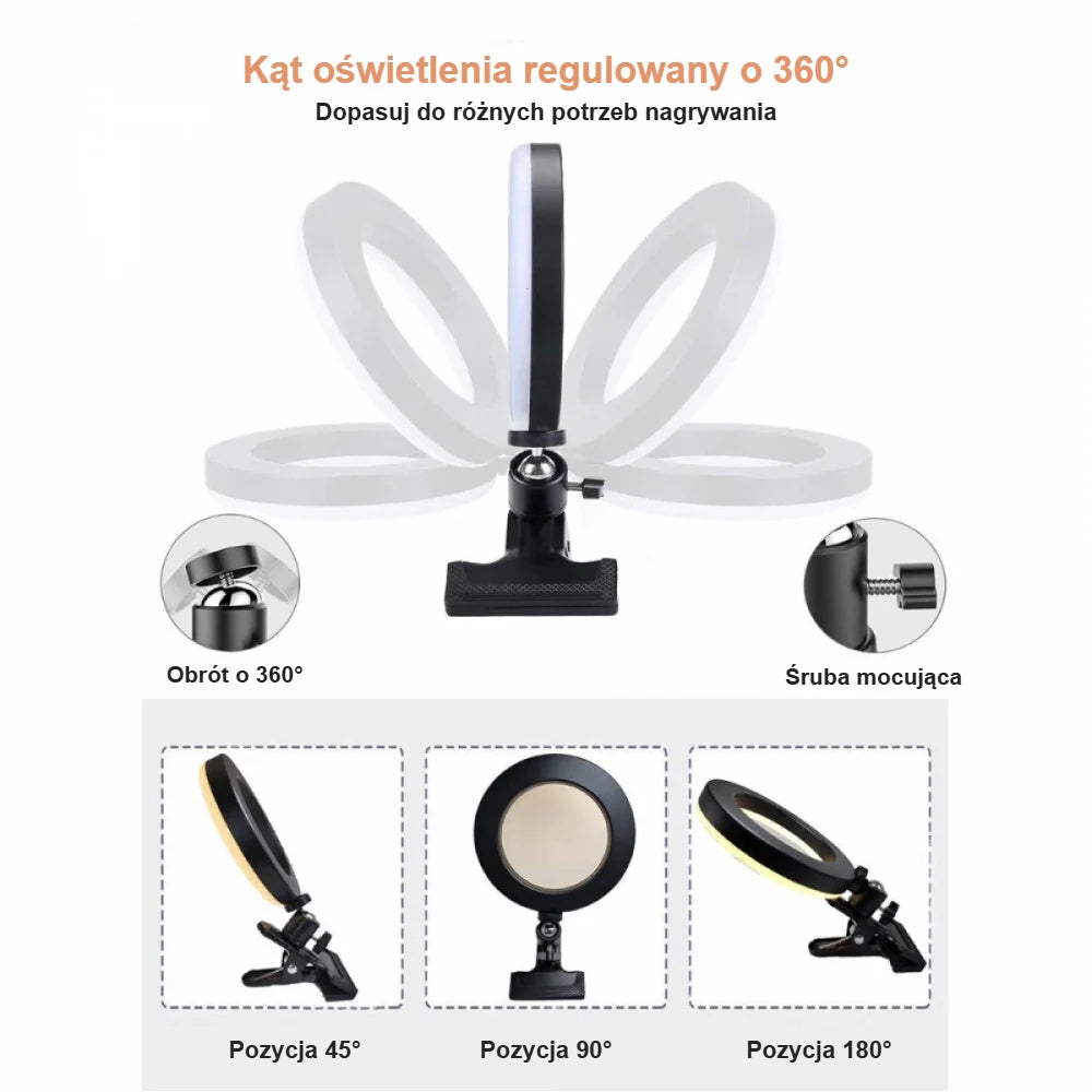 Regulowane pozycje lampy pierścieniowej, obrót o 360°