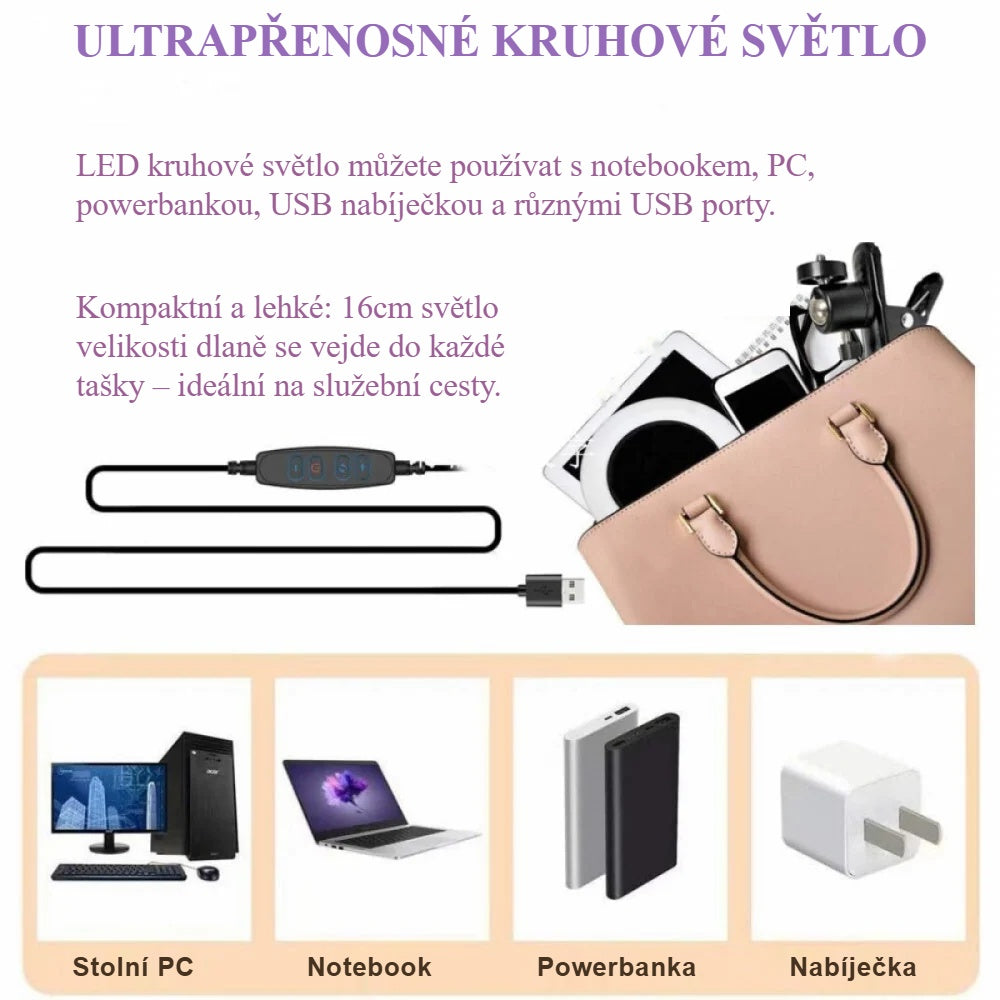 Kruhové světlo s USB s notebookem, powerbankou a nabíječkou
