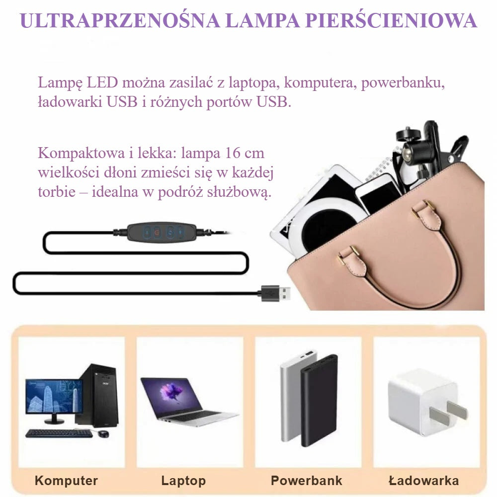 Lampa pierścieniowa USB z laptopem, powerbankiem i ładowarką