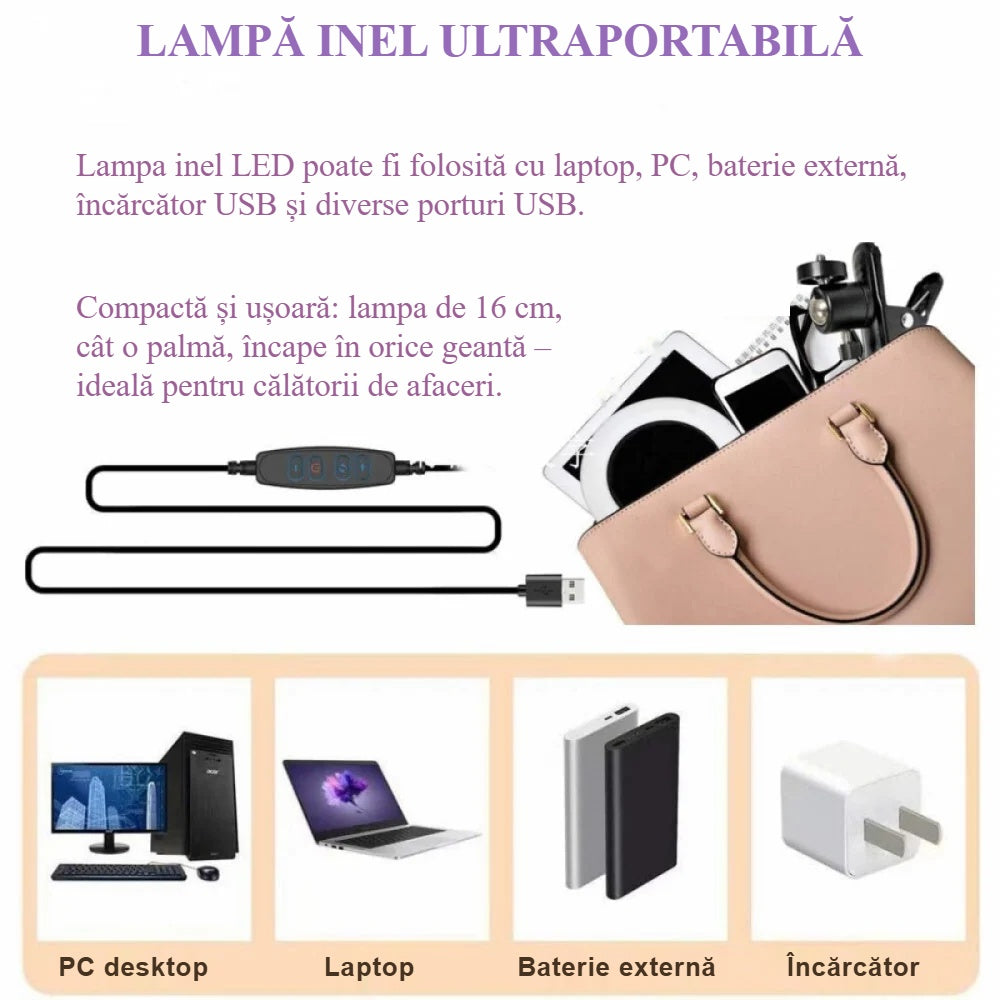 Lampă inelară USB cu laptop, baterie externă și încărcător