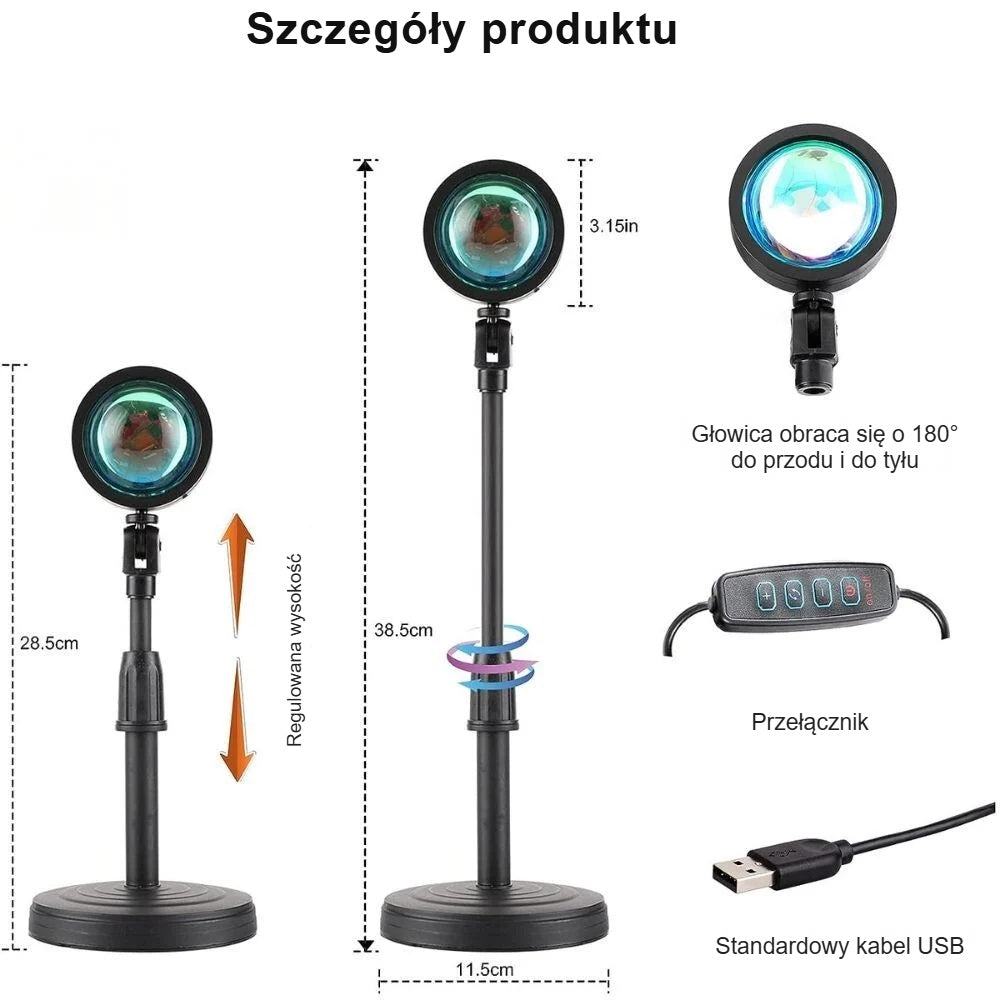 Części i wymiary lampy zachód słońca z przełącznikiem i kablem USB
