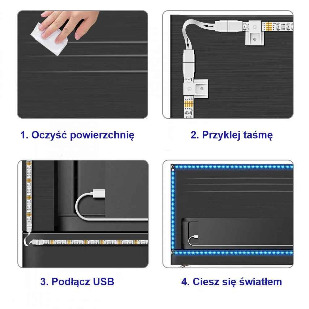 Montaż taśmy LED w 4 krokach: czyszczenie, przyklejenie, USB, włączenie