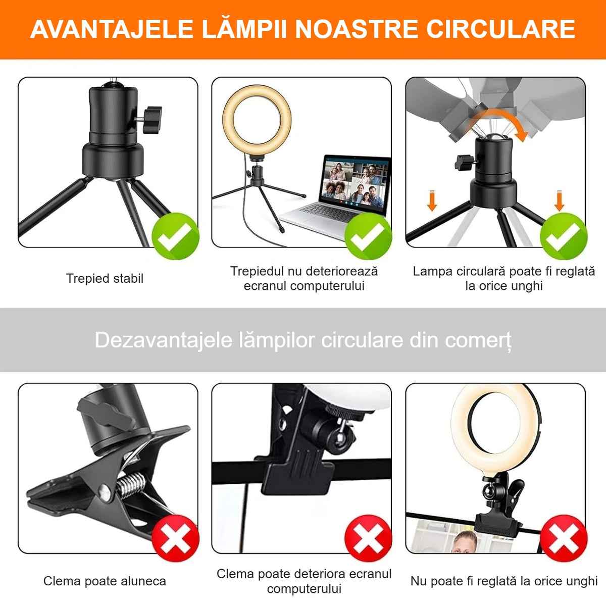 Trepiedul stabil al lămpii circulare comparat cu lămpi circulare cu clemă