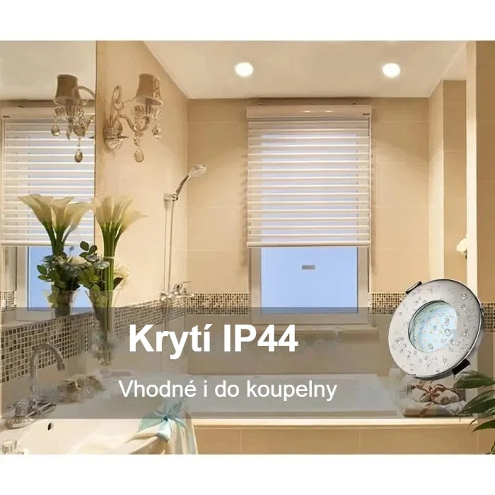 Podhledové bodové světlo zabudované ve stropě koupelny, krytí IP44