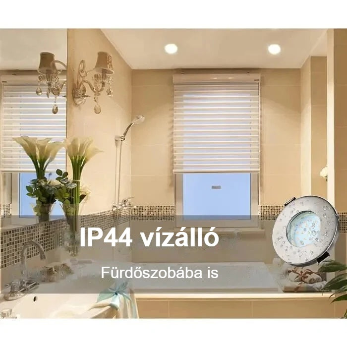 Süllyesztett spotlámpa beépítve a fürdőszoba mennyezetébe, IP44 védettség
