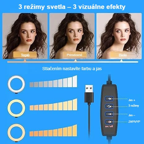 Teplé, prirodzené a studené biele svetlo kruhového svetla na modelke, s ovládačom jasu
