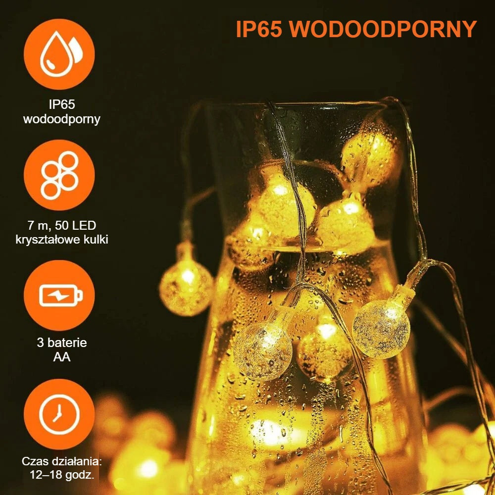 Cechy wodoodpornego łańcucha świetlnego LED IP65: 7 m, 50 LED, 3 baterie AA