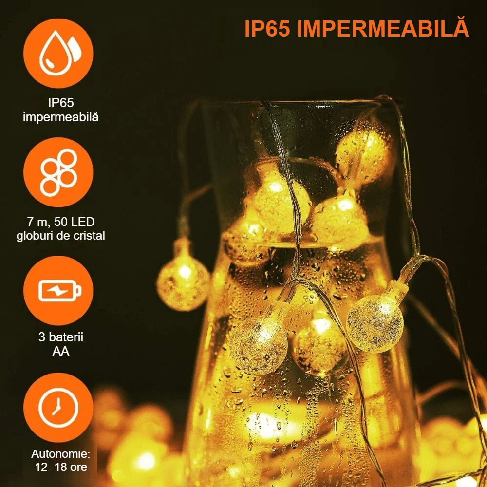 Caracteristicile instalației LED IP65: 7 m, 50 LED, 3 baterii AA