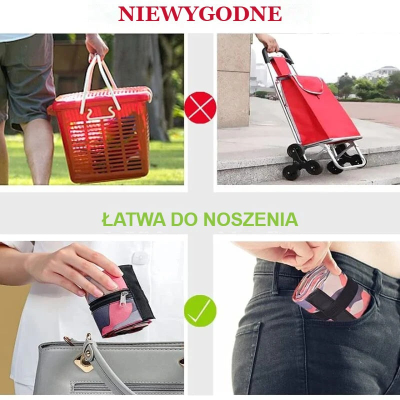 Składana torba wyjmowana z kieszeni zamiast ciężkiego koszyka na zakupy