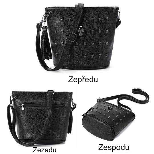 Kabelka s motivem lebek zepředu, zezadu a zespodu