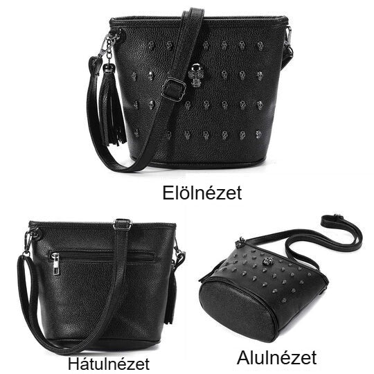 Koponya mintás válltáska elöl-, hátul- és alulnézetből
