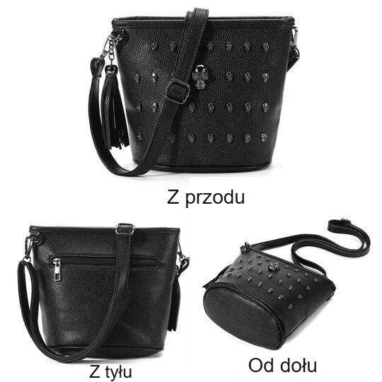 Torba na ramię we wzór czaszek widziana z przodu, z tyłu i od dołu