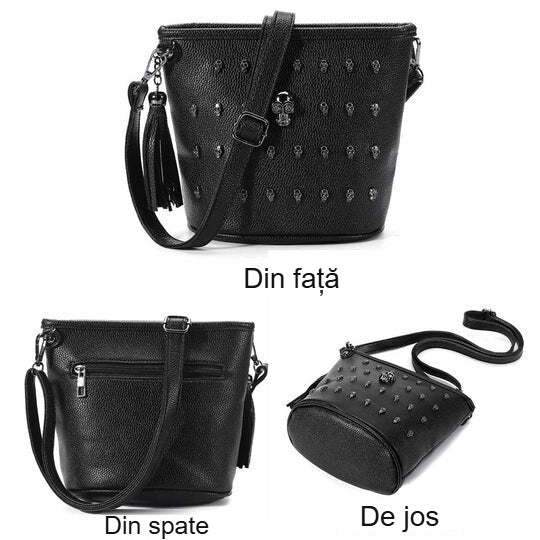 Geantă de umăr cu cranii văzută din față, din spate și de jos