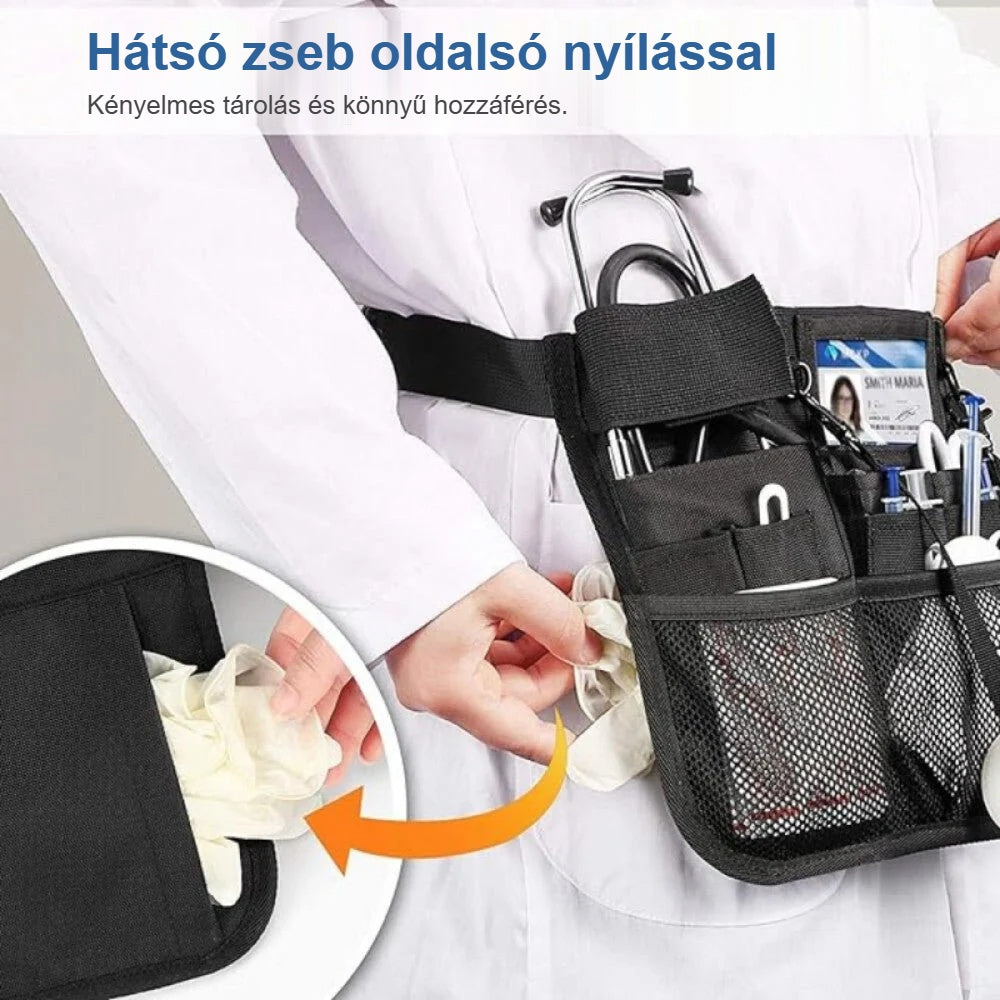 Ápolói övtáska hátsó zsebe oldalsó nyílással, viselés közben