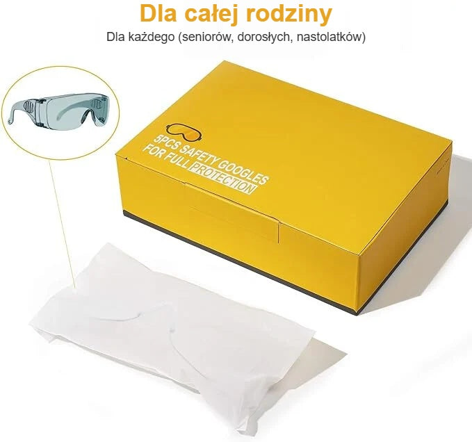 Okulary ochronne z żółtym pudełkiem i woreczkiem