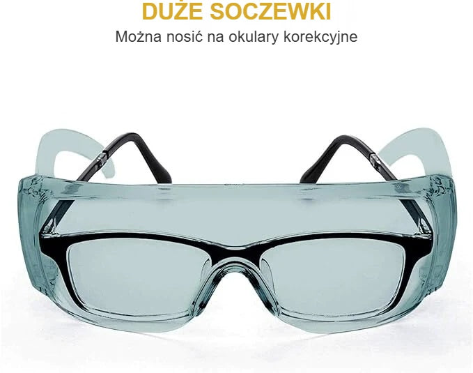 Okulary ochronne z dużymi soczewkami noszone na okularach korekcyjnych
