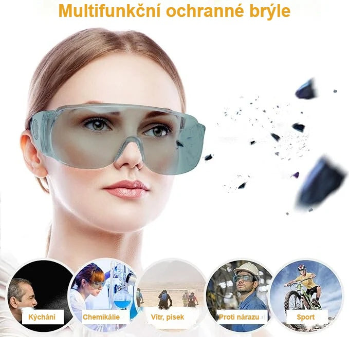 Žena v čirých ochranných brýlích, ochrana proti prachu, písku a kapkám
