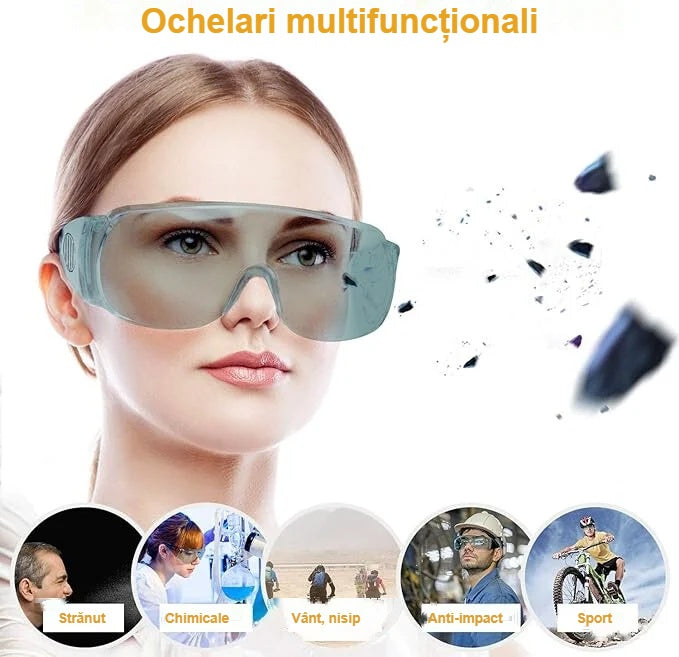Femeie cu ochelari de protecție transparenți, protecție la praf, nisip și picături