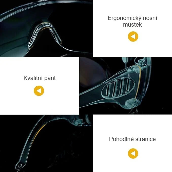 Nosní můstek, pant a stranice ochranných brýlí zblízka
