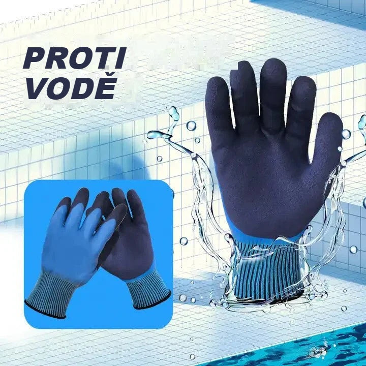 Voděodolné pracovní rukavice mezi kapkami vody