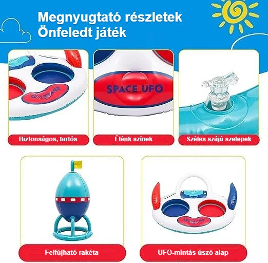 UFO medencejáték részletei: széles szelepek, élénk színek, nagy nyílások