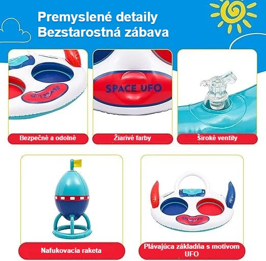 Detaily hry do bazéna UFO: široké ventily, žiarivé farby, veľké otvory