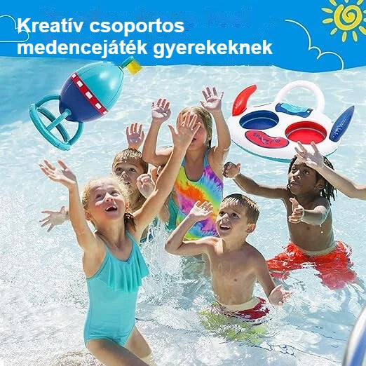 Gyerekek csapatjáték közben a felfújható UFO-val a medencében