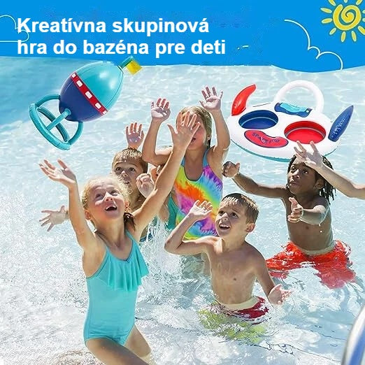 Deti pri tímovej hre s nafukovacím UFO v bazéne